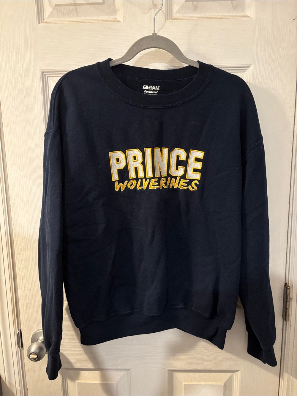 Gildan Men’s Navy Crewneck with Yellow Prince Wolverines Embroidery